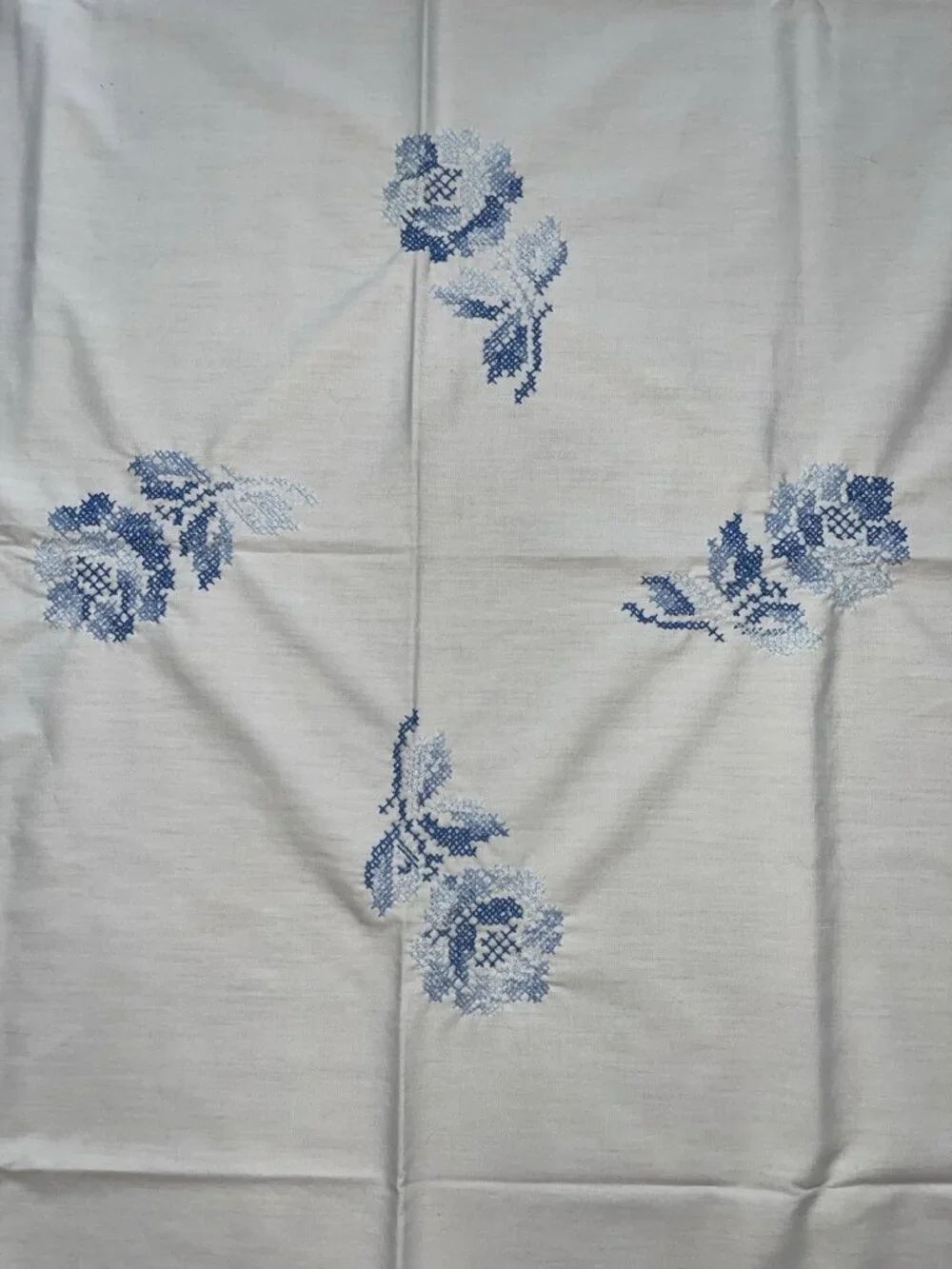 Vtg Cross Stitch White Blue Flowers Tablecloth 50” x 52 